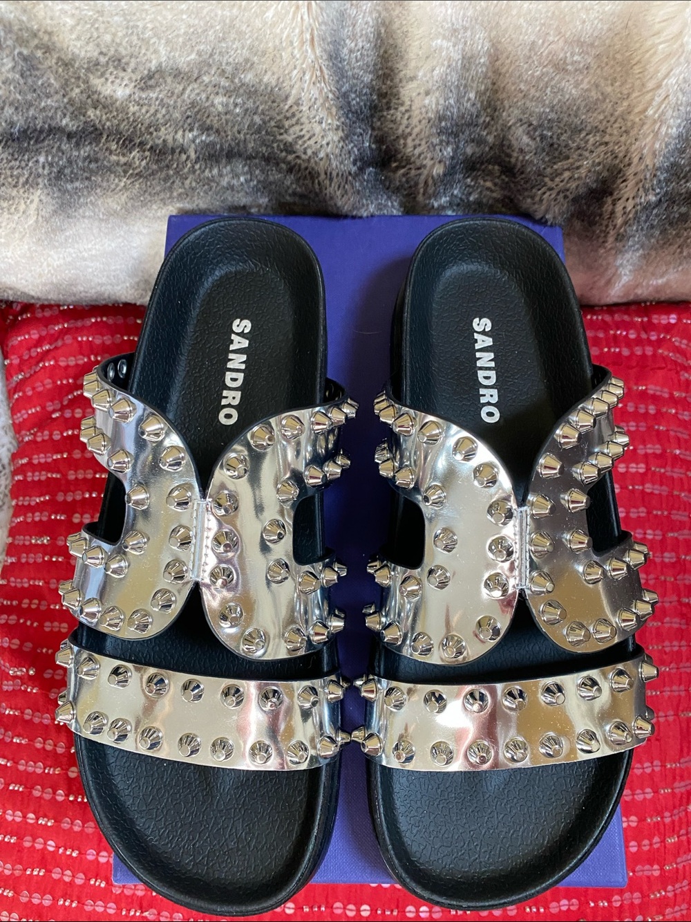 Sandro Silver Studded Slip On Slide Sandals NWT